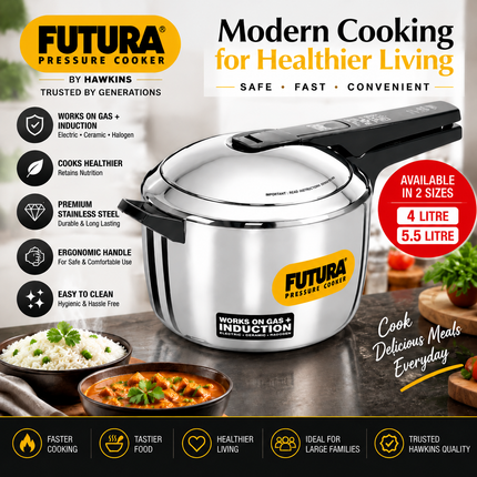 Hawkins Futura Stainless Steel Pressure Cooker 5.5L Inner Lid Induction Compatible Cooker