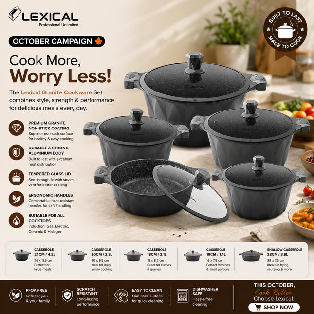 Lexical Germany 10-Piece Granite Casserole Cookware Set with Glass Lids Non-Stick Pots in Black & Cream