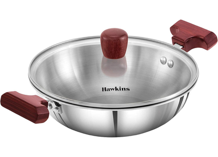 HAWKINS 1.5, 2.5litrová pánev na smažení, třívrstvá nerezová pánev Kadai se skleněnou poklicí, ploché indukční dno Kadhai, malá pánev Kadai, stříbrná