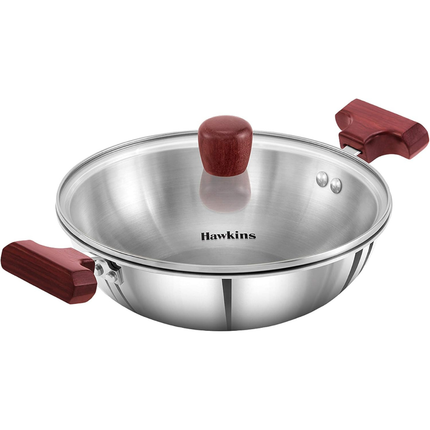Hawkins Tri Ply Stainless Steel Kadai 1.5L and 2.5L Deep Fry Pan Glass Lid Induction Compatible