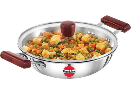 HAWKINS 1.5, 2.5litrová pánev na smažení, třívrstvá nerezová pánev Kadai se skleněnou poklicí, ploché indukční dno Kadhai, malá pánev Kadai, stříbrná