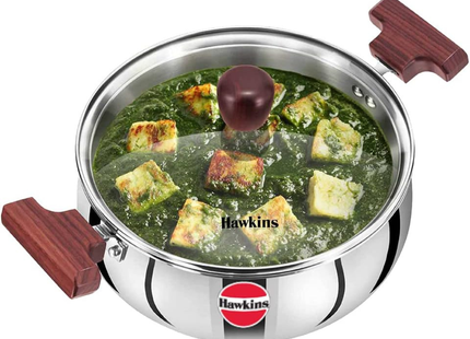 Hawkins 3, 4, 5 litrová trojitá nerezová pánev Handi Cook n Serve se skleněnou poklicí, indukční pánev, pánev na biryani, stříbrná