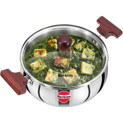 Hawkins Tri Ply Stainless Steel Handi 3L 4L 5L Glass Lid Induction Compatible Cook and Serve Pot
