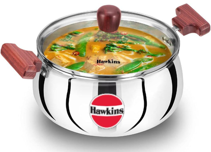 Hawkins 3, 4, 5 litrová trojitá nerezová pánev Handi Cook n Serve se skleněnou poklicí, indukční pánev, pánev na biryani, stříbrná