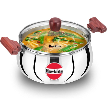 Hawkins Tri Ply Stainless Steel Handi 3L 4L 5L Glass Lid Induction Compatible Cook and Serve Pot