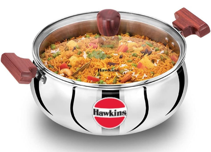 Hawkins 3, 4, 5 litrová trojitá nerezová pánev Handi Cook n Serve se skleněnou poklicí, indukční pánev, pánev na biryani, stříbrná