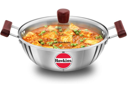 Hawkins Tri-Ply Stainless Steel Induction Compatible Deep Kadhai (Deep-Fry Pan) with Glass Lid, Capacity 4 / 5 Litre, Diameter 28 cm, Thickness 3 mm, Silver
