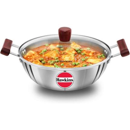 Hawkins Tri Ply Stainless Steel Deep Kadhai 4L 5L Glass Lid Induction Compatible