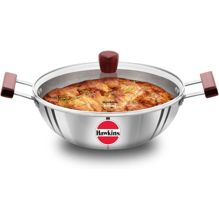 Hawkins Tri Ply Stainless Steel Deep Kadhai 4L 5L Glass Lid Induction Compatible