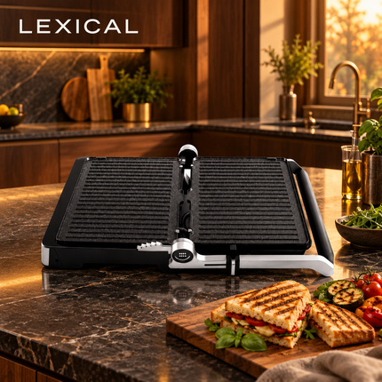 LEXICAL LSM-2575 contact grill in a warm walnut kitchen with panini