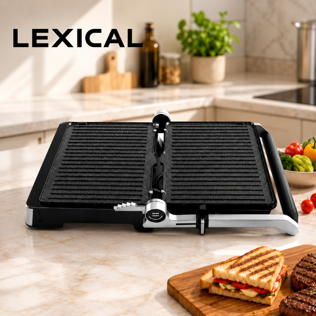 LEXICAL contact grill open flat on a kitchen countertop