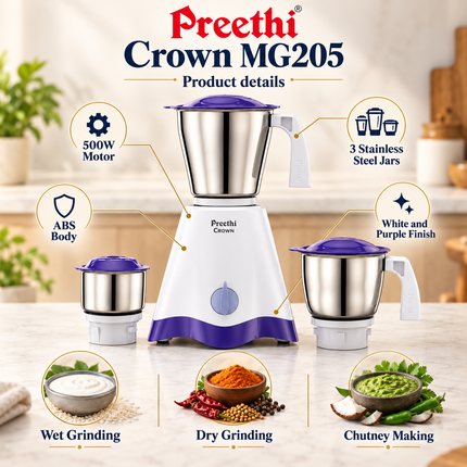 Preethi Crown MG205 500W motor three stainless steel jars ABS body white purple finish product details