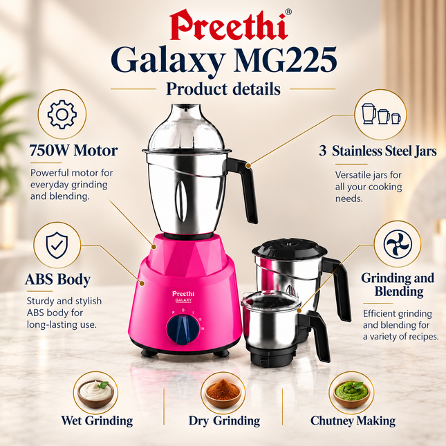 Preethi Galaxy MG225 750W motor three stainless steel jars ABS body product details