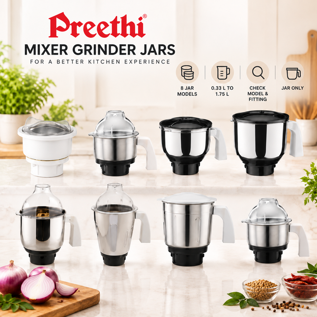 Preethi replacement mixer grinder jars — eight models, 0.33 L to 1.75 L; jar only, check model and fitting