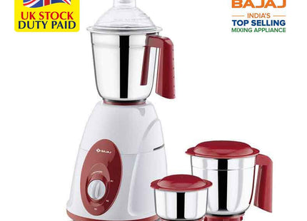 Bajaj Classic 750W indický mixér a mlýnek – 3 nerezové nádoby, suché a mokré mletí, čatní a těsto na dosa, bílá a kaštanová, indická zástrčka + mezinárodní adaptér