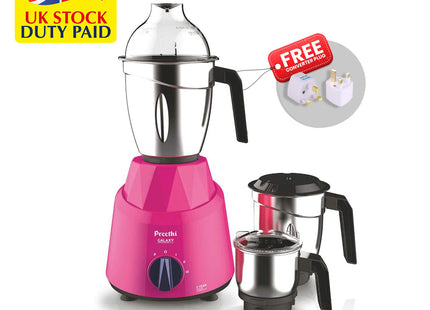 Preethi Galaxy MG225 750W Indian Mixer Grinder - 3 Stainless Steel Jars, Dry & Wet Grinding, Chutney & Dosa Batter, Pink, Indian Plug + International Converter