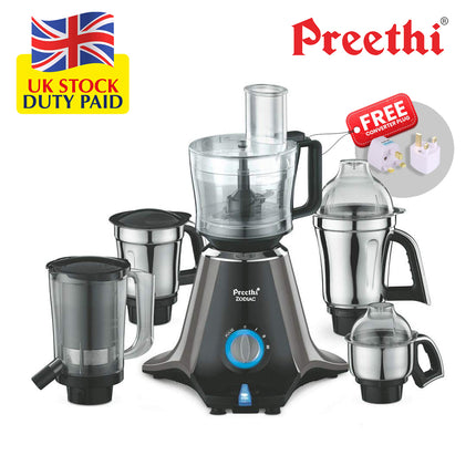 Preethi Zodiac MGâ€‘218 750W Mixer Grinder â€“ 5 Jars, Dosa Batter, Chutney & Masala Grinding, Black, Indian Plug + International Converter